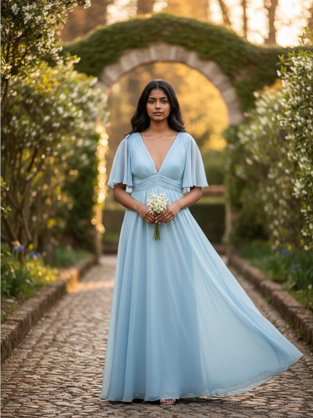 Mac Duggal Breezy Light Blue V-Neck Chiffon Gown